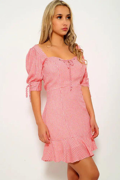 Coral White Gingham Print Party Dress - AMIClubwear