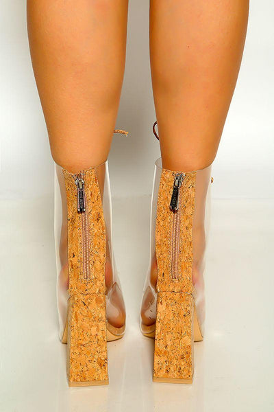 Cork Clear Lace Up Chunky Heel Open Toe Booties - AMIClubwear