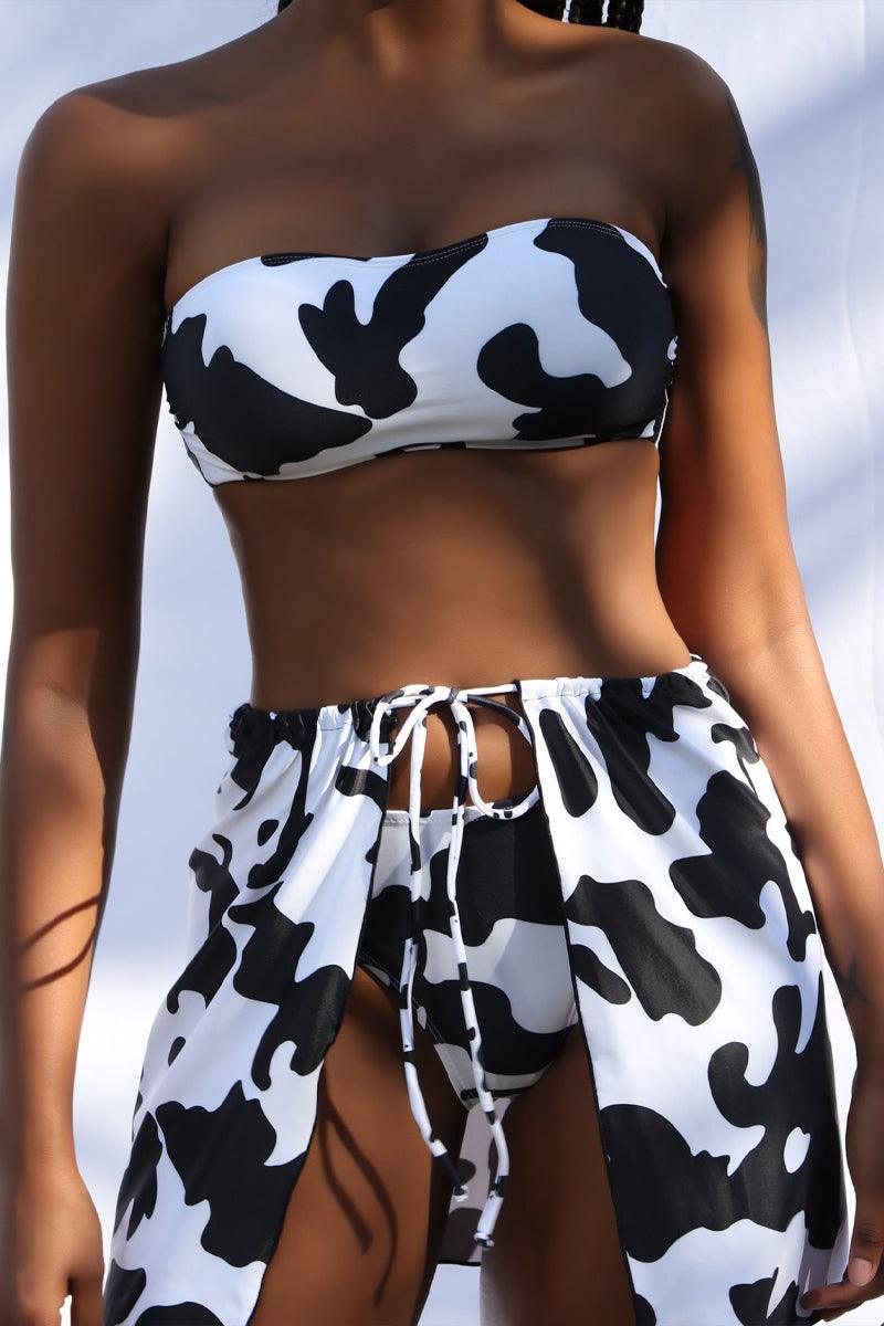 Cow Print Bandeau Three Piece Bikini Coverup Swimsuit - AMIClubwear