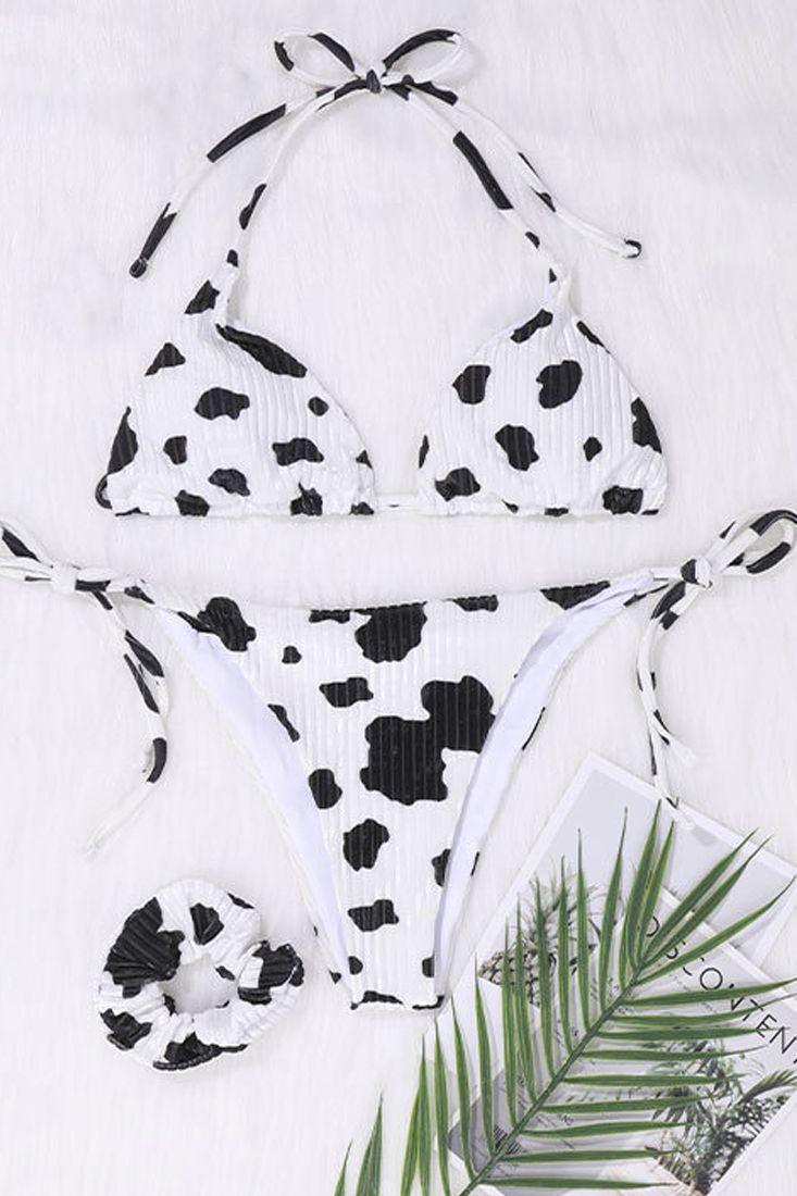 Cow Print Velvet Three Piece Swimsuit - AMIClubwear