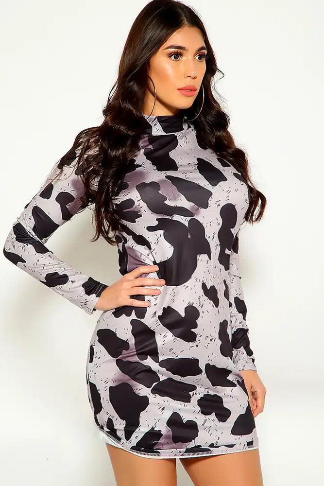 Cow Snake Turtle Neck Long Sleeve Casual Dress - AMIClubwear