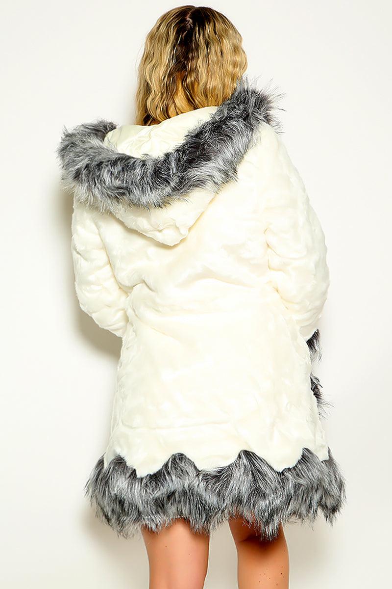 Cozy Faux Fur White Gray Hooded Drawstring Winter Plus Size Coat - AMIClubwear