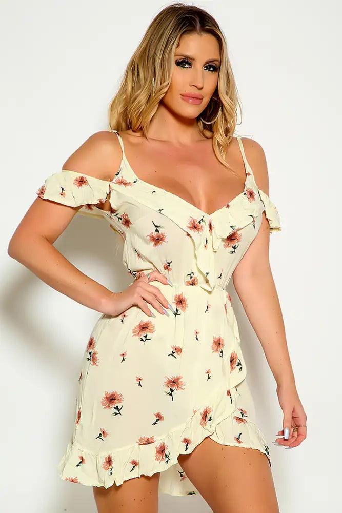 Cream Floral Short Sleeve Ruffle Overlay Dress - AMIClubwear