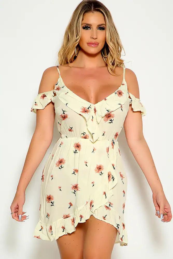 Cream Floral Short Sleeve Ruffle Overlay Dress - AMIClubwear