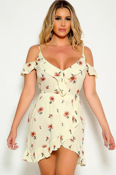 Cream Floral Short Sleeve Ruffle Overlay Dress - AMIClubwear