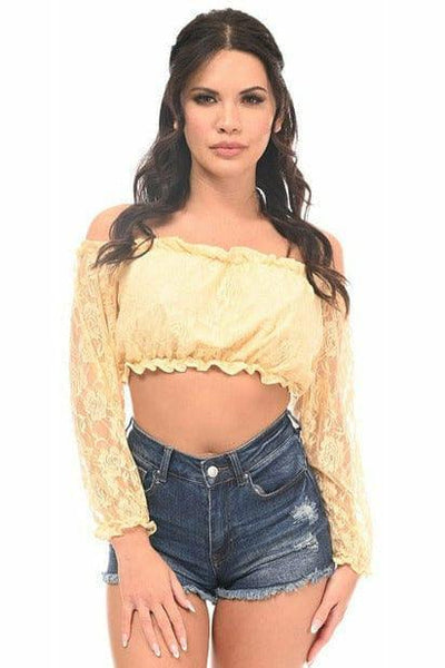 Cream Lined Lace Long Sleeve Peasant Top - AMIClubwear