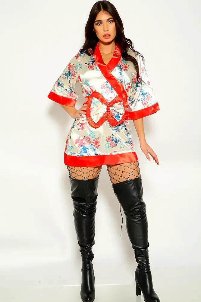 Cream Red Floral Japanese Kimono Two Piece Costume - AMIClubwear