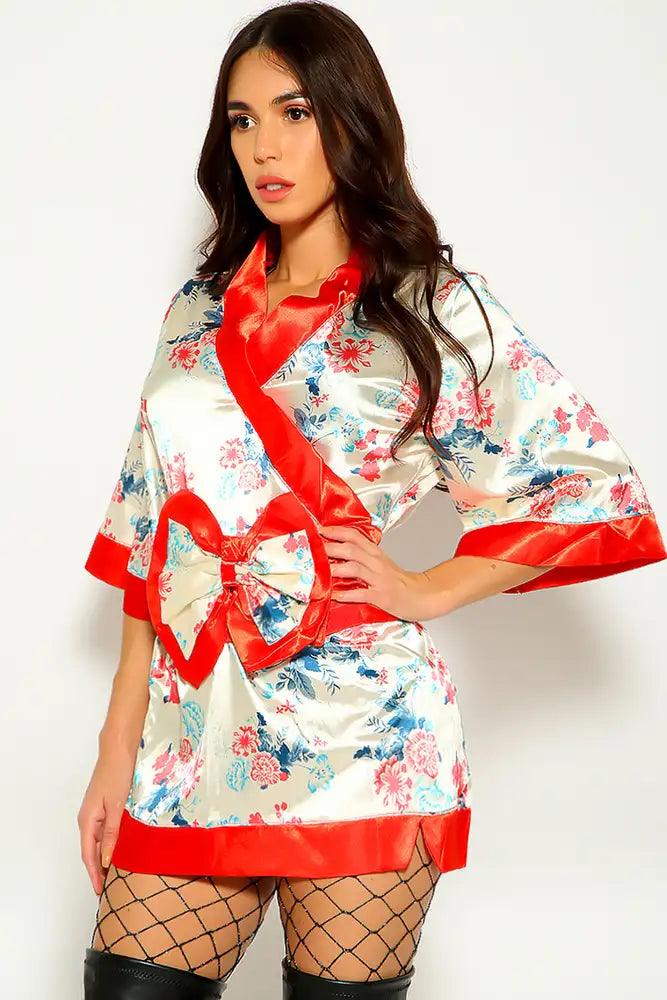 Cream Red Floral Japanese Kimono Two Piece Costume - AMIClubwear