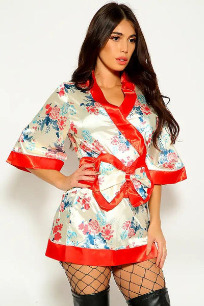 Cream Red Floral Japanese Kimono Two Piece Costume - AMIClubwear