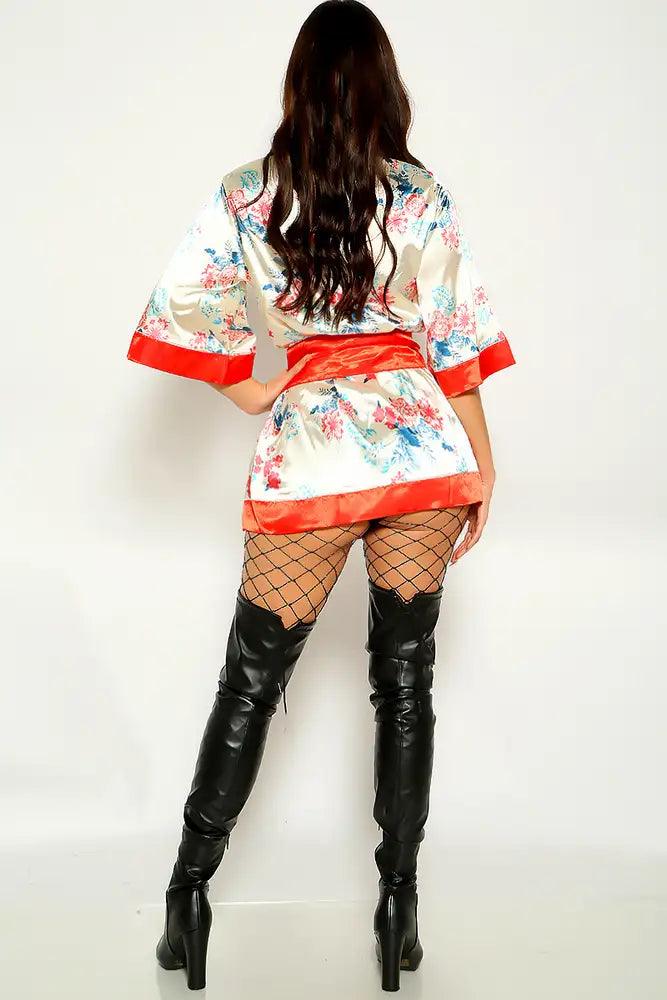 Cream Red Floral Japanese Kimono Two Piece Costume - AMIClubwear