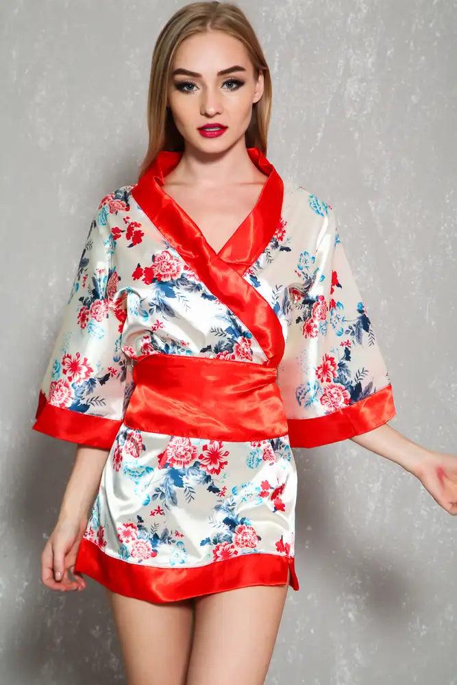 Cream Red Floral Print Sexy Geisha 4 Piece Costume - AMIClubwear