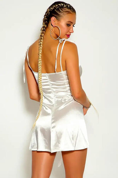 Cream Sleeveless Lace Up Faux Satin Party Dress - AMIClubwear