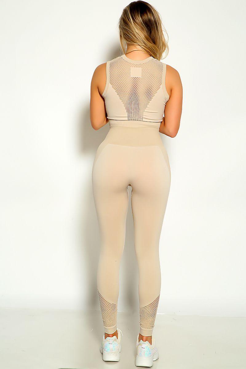 Cream Sleeveless Netted Detail Cropped Two Piece Contour Activewear Set - AMIClubwear