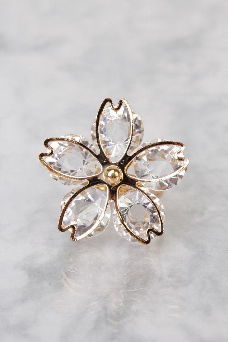 Crystal Gold Gem Stone Floral Accent Detailing Ring - AMIClubwear