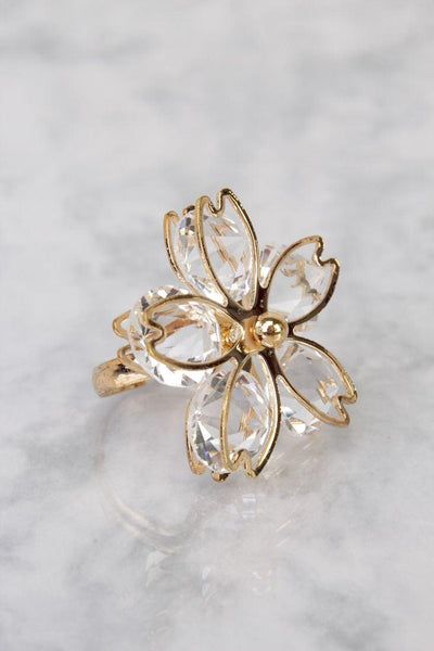 Crystal Gold Gem Stone Floral Accent Detailing Ring - AMIClubwear