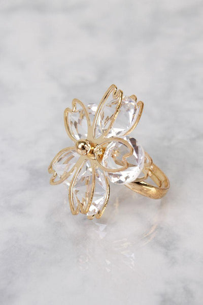 Crystal Gold Gem Stone Floral Accent Detailing Ring - AMIClubwear