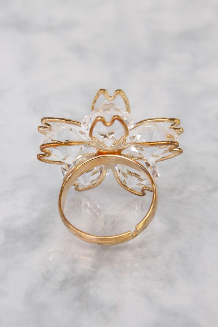 Crystal Gold Gem Stone Floral Accent Detailing Ring - AMIClubwear