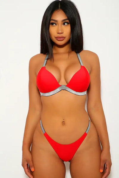 Cute Red Silver Two Piece Swimsuit - AMIClubwear