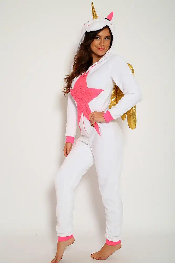 Cute White Gold Onesie Faux Fur Attached Horn Tail And Wings Front Zip Closure Semi Fitted - AMIClubwear