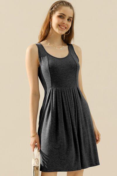 Doublju Full Size Round Neck Ruched Sleeveless Dress with Pockets - AMIClubwear