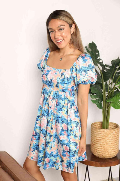 Double Take Floral Square Neck Puff Sleeve Dress - AMIClubwear