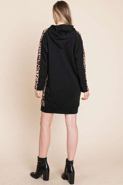 Culture Code Drawstring Leopard Long Sleeve Hooded Dress - AMIClubwear