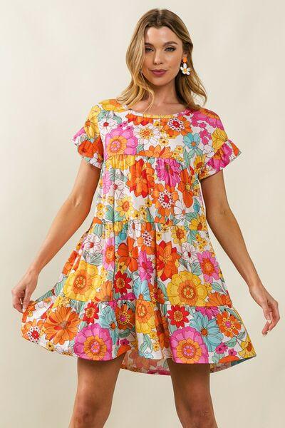 BiBi Floral Short Sleeve Tiered Dress - AMIClubwear