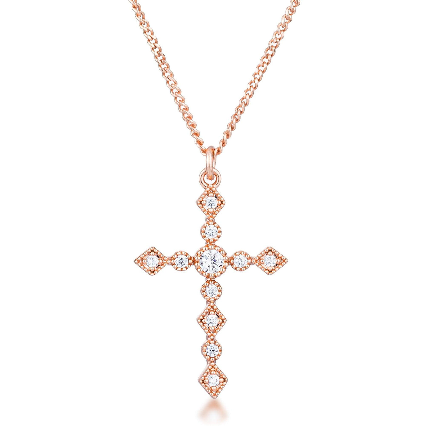 Dainty Art Deco Rose Gold Plated Clear CZ Cross Pendant - AMIClubwear