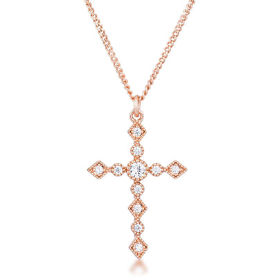 Dainty Art Deco Rose Gold Plated Clear CZ Cross Pendant - AMIClubwear