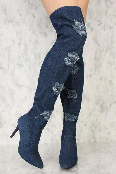 Dark Blue Denim Distressed Pointy Toe Wide Calf Thigh High Boots *Kim K Inspired By* - AMIClubwear