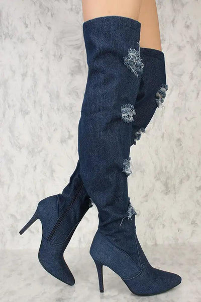 Dark Blue Denim Distressed Pointy Toe Wide Calf Thigh High Boots *Kim K Inspired By* - AMIClubwear