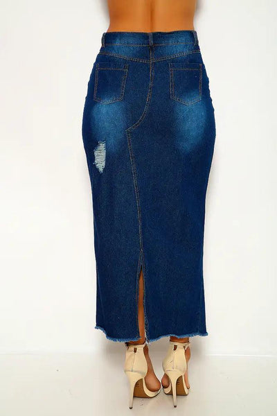 Dark Blue Denim Distressed Skirt - AMIClubwear