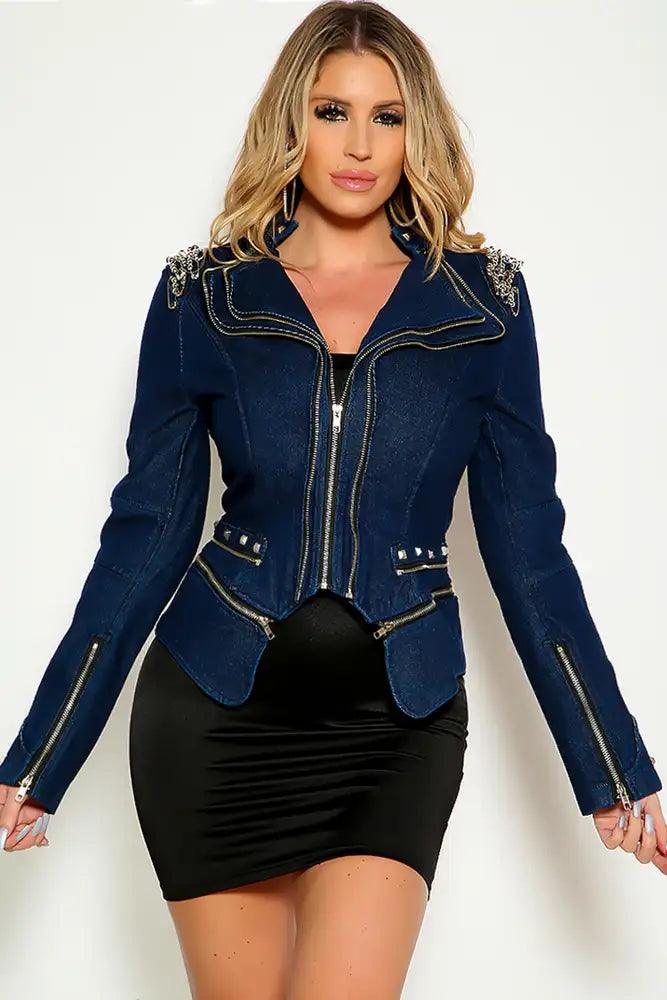Dark Blue Denim mLong Sleeve Zipper Detail Studded Jacket - AMIClubwear
