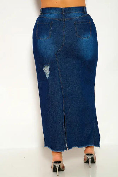 Dark Blue Denim Plus Size Skirt - AMIClubwear