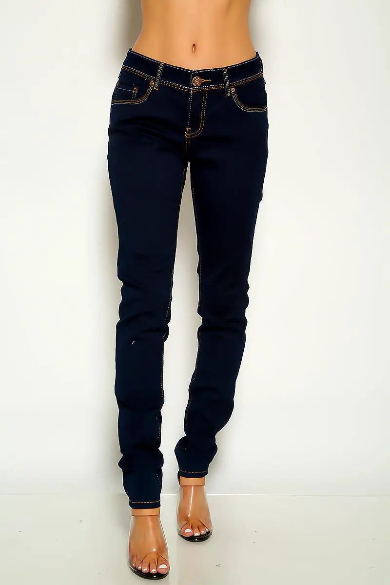 Dark Blue Denim Stitch Detail Mid Rise Skinny Jeans