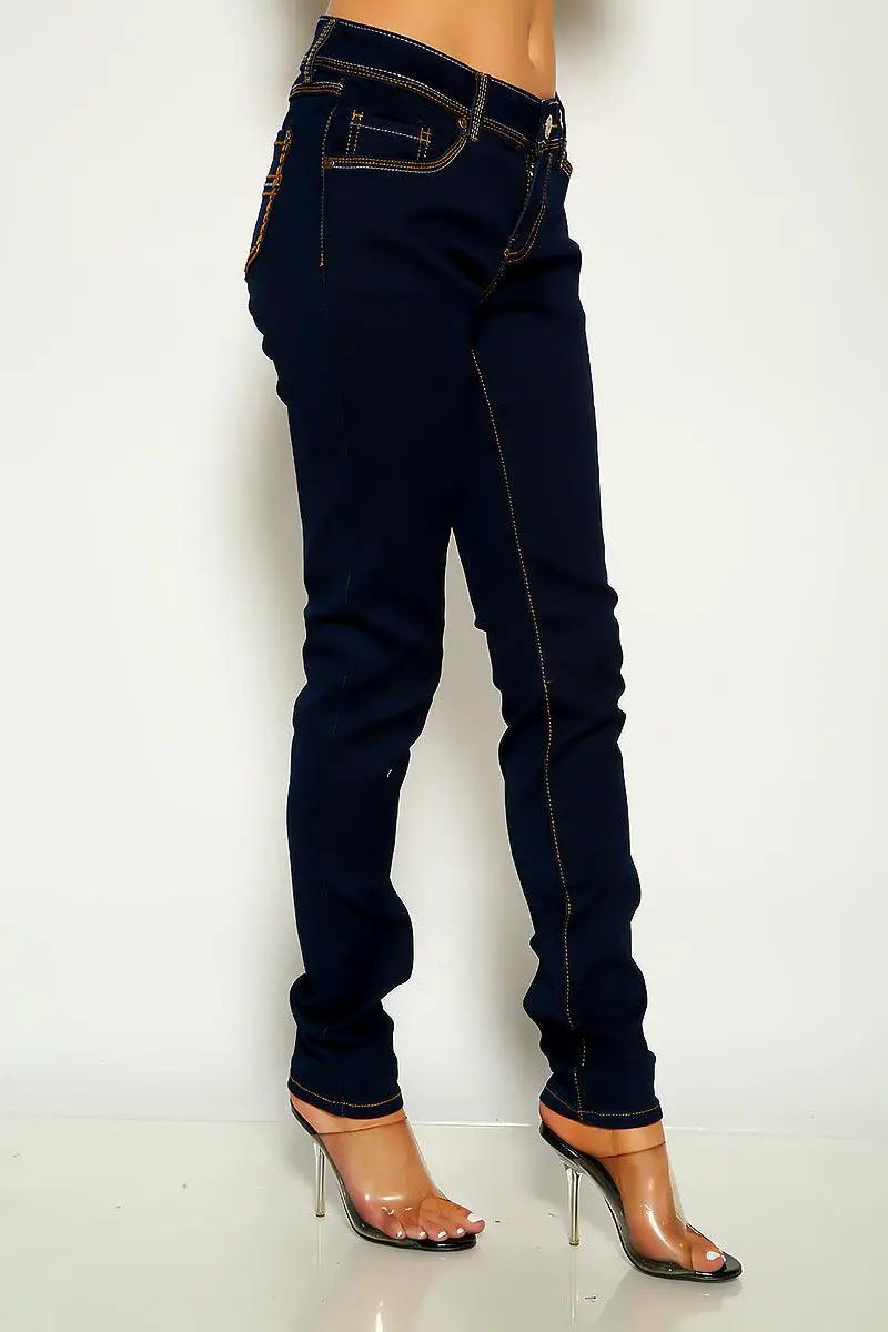 Dark Blue Denim Stitch Detail Mid Rise Skinny Jeans