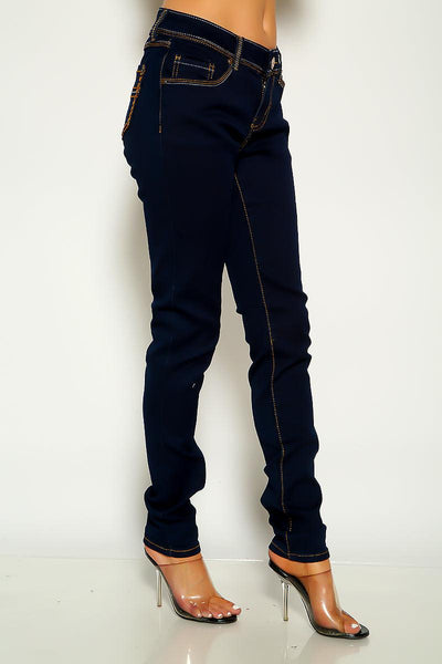 Dark Blue Denim Stitch Detail Mid Rise Skinny Jeans - AMIClubwear
