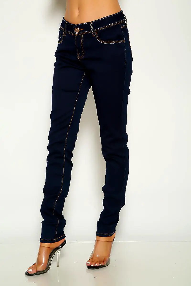 Dark Blue Denim Stitch Detail Mid Rise Skinny Jeans