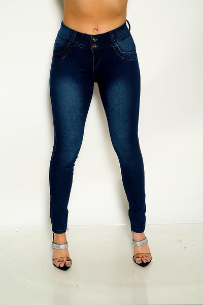 Dark Blue Denim Zip Up Skinny Jeans - AMIClubwear