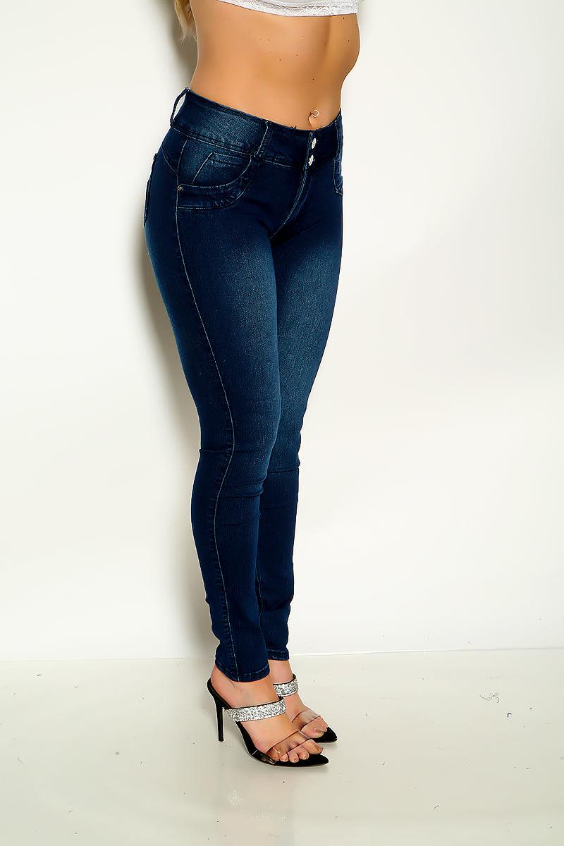 Dark Blue Denim Zip Up Skinny Jeans - AMIClubwear
