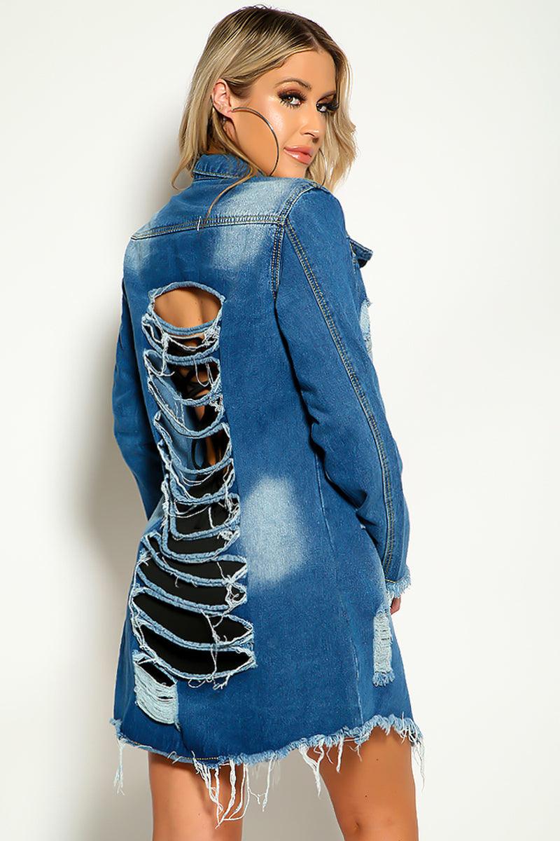 Dark Blue Distressed Button Up Jean Jacket - AMIClubwear