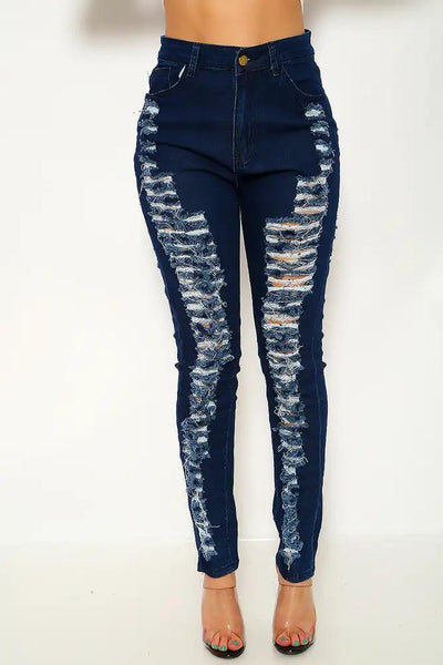 Dark Blue Distressed Casual Jeans - AMIClubwear