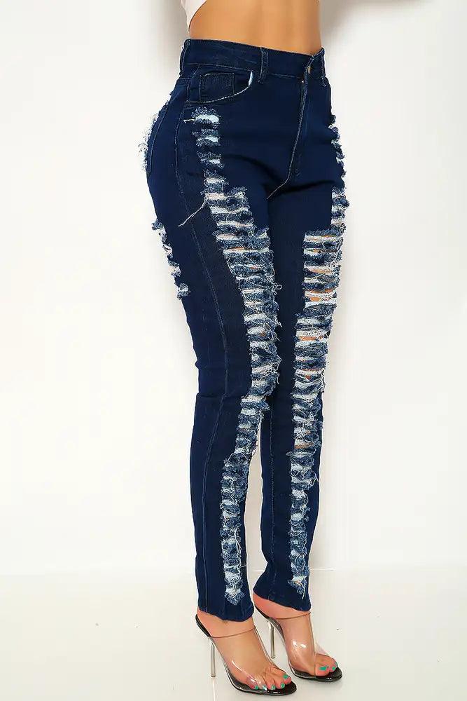 Dark Blue Distressed Casual Jeans - AMIClubwear