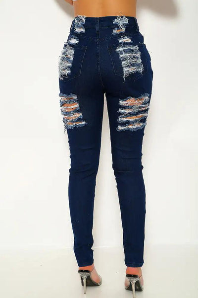 Dark Blue Distressed Casual Jeans - AMIClubwear