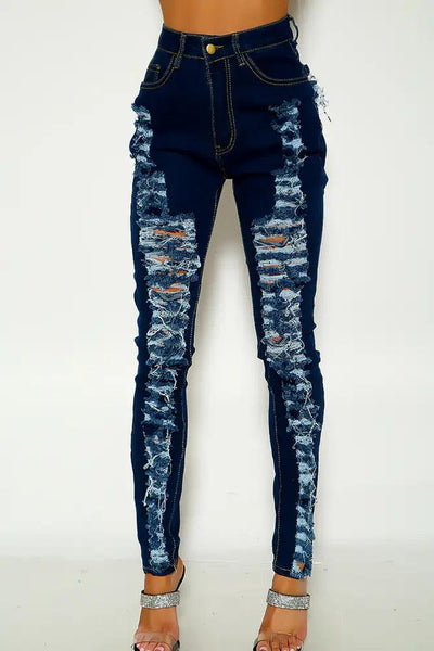 Dark Blue Distressed Mid Rise Skinny Jeans - AMIClubwear