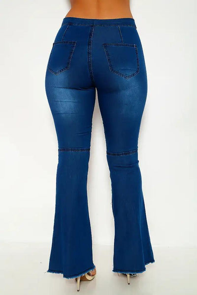 Dark Blue Faux Pearl High Waist Bell Bottom Jeans - AMIClubwear