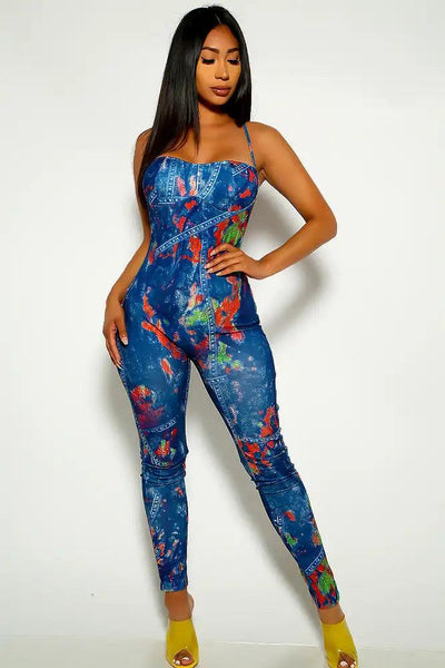 Dark Blue Green Printed Jumpsuit - AMIClubwear