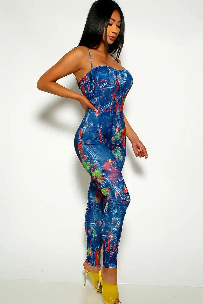 Dark Blue Green Printed Jumpsuit - AMIClubwear