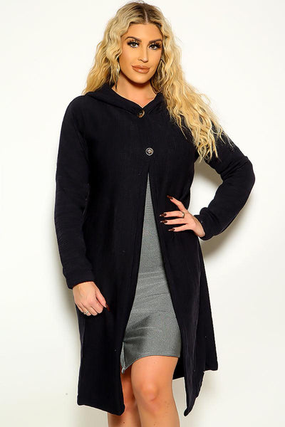 Dark Blue Long Sleeve Open Front Hooded Plus Size Cardigan Sweater - AMIClubwear