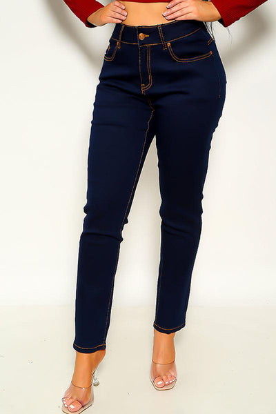 Dark Blue Zip Up Jeans - AMIClubwear